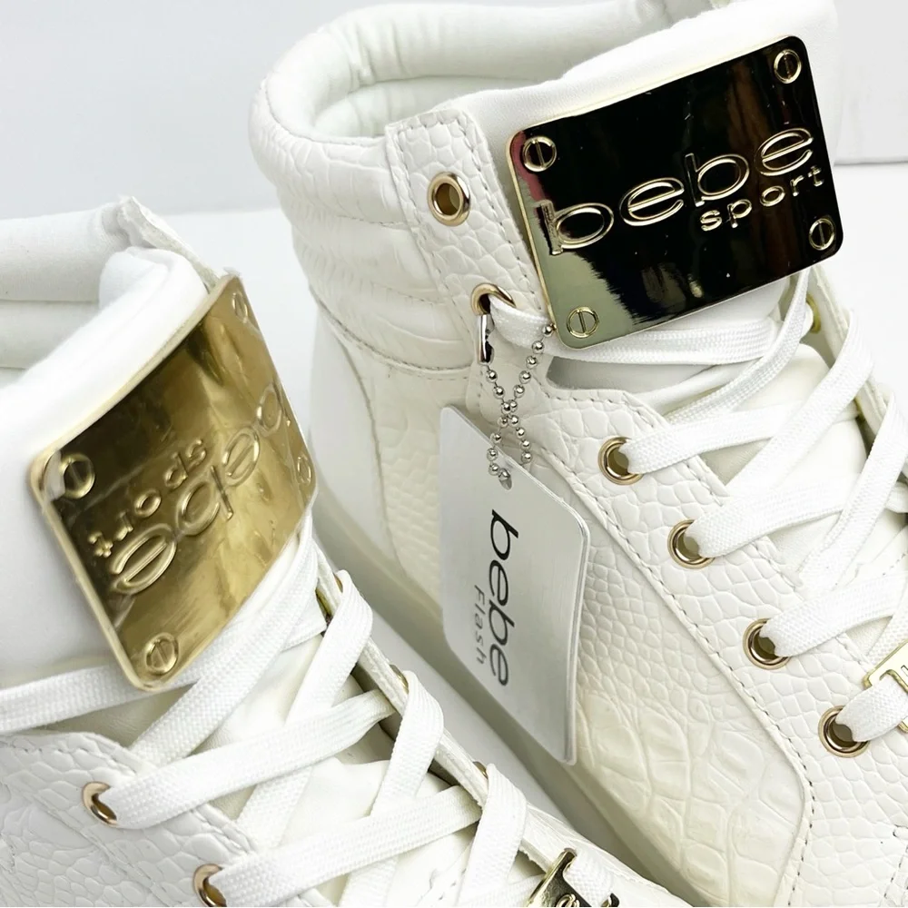BEBE SPORT Keene White Faux Croc Embossed Lace Up High Top Sneakers Size 8 Y2K - Picture 13 of 14